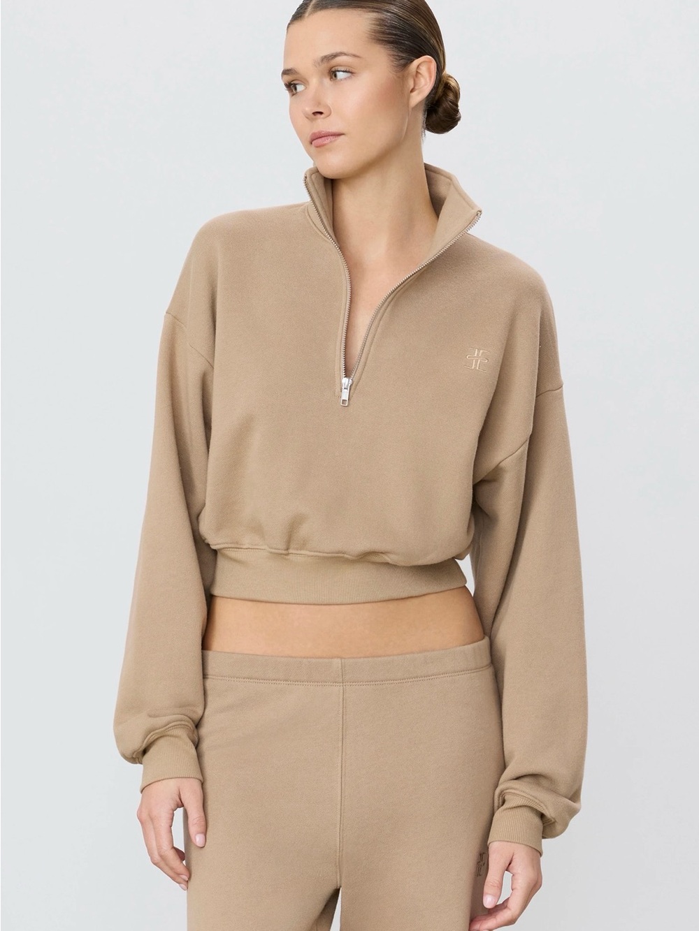 Eterne Cropped Half-Zip Sweatshirt in Tan